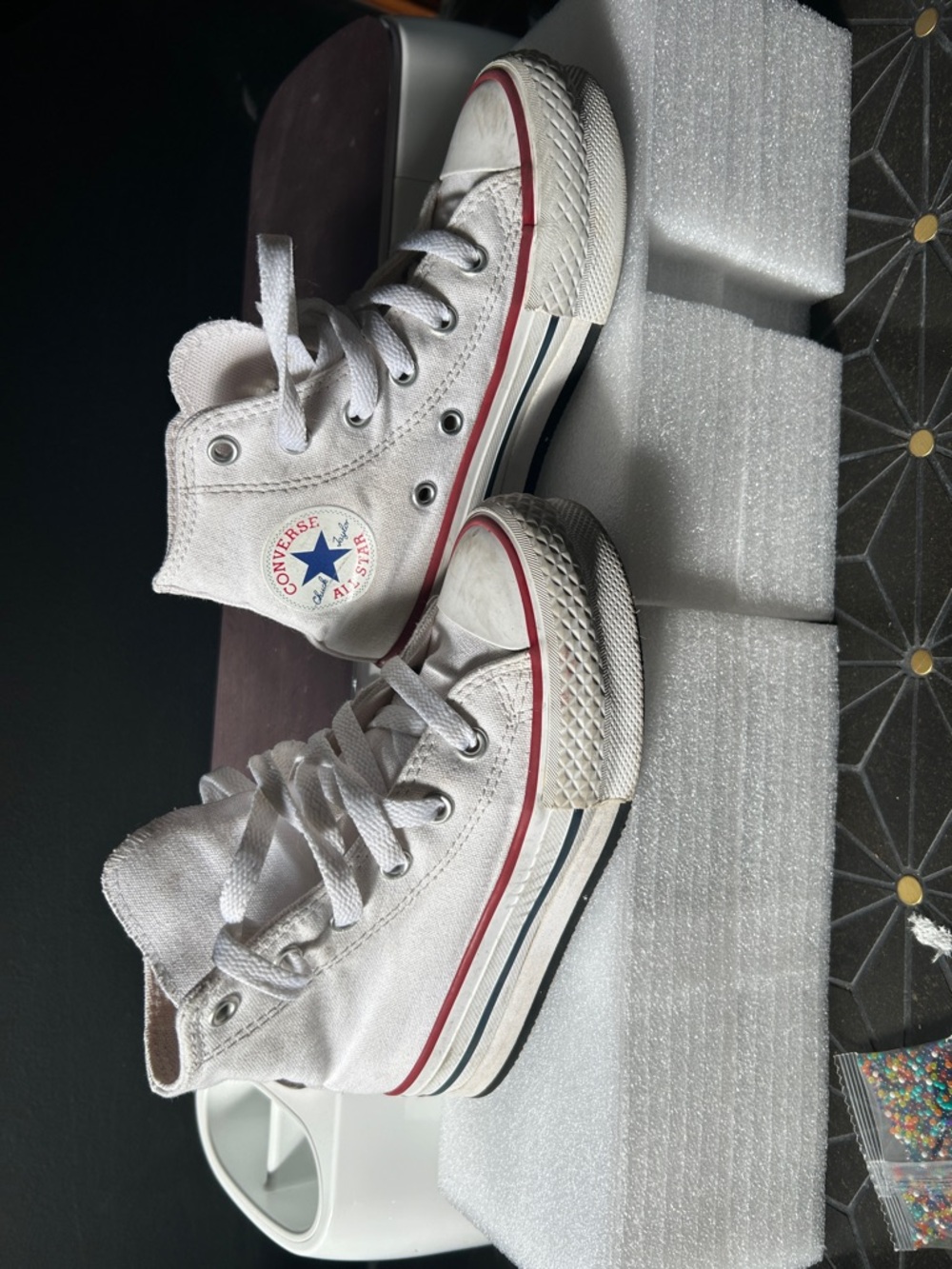 Converse White High Top platform Sneakers with Red & Navy Stripe